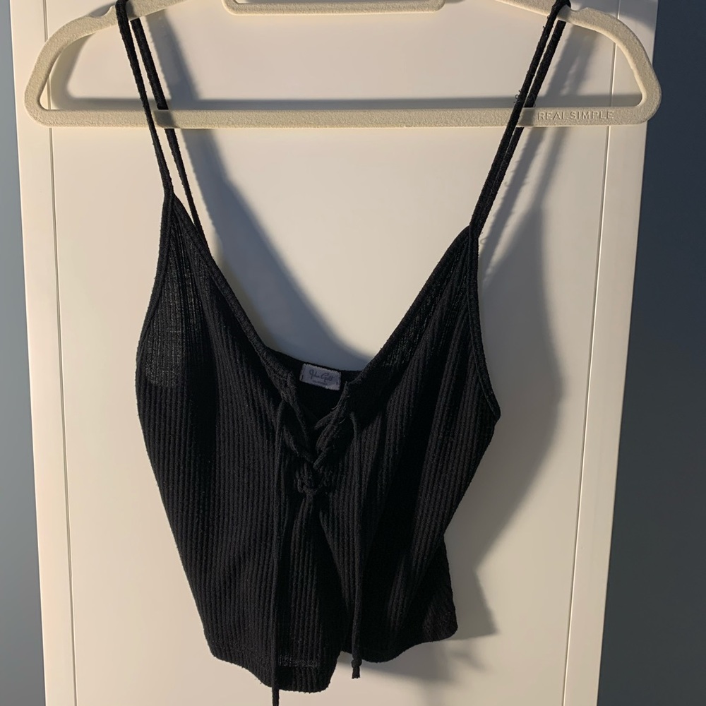 BLACK FRONT TIE CROP TOP - SIZE SMALL